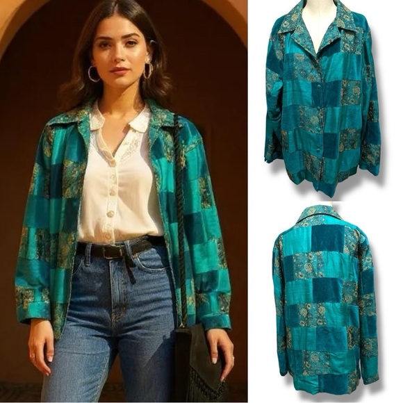 Norm Thompson Jackets & Blazers - 156 Norm Thompson |NWOT India Patchwork Jacket Teal Boho Vintage Style (size XL)